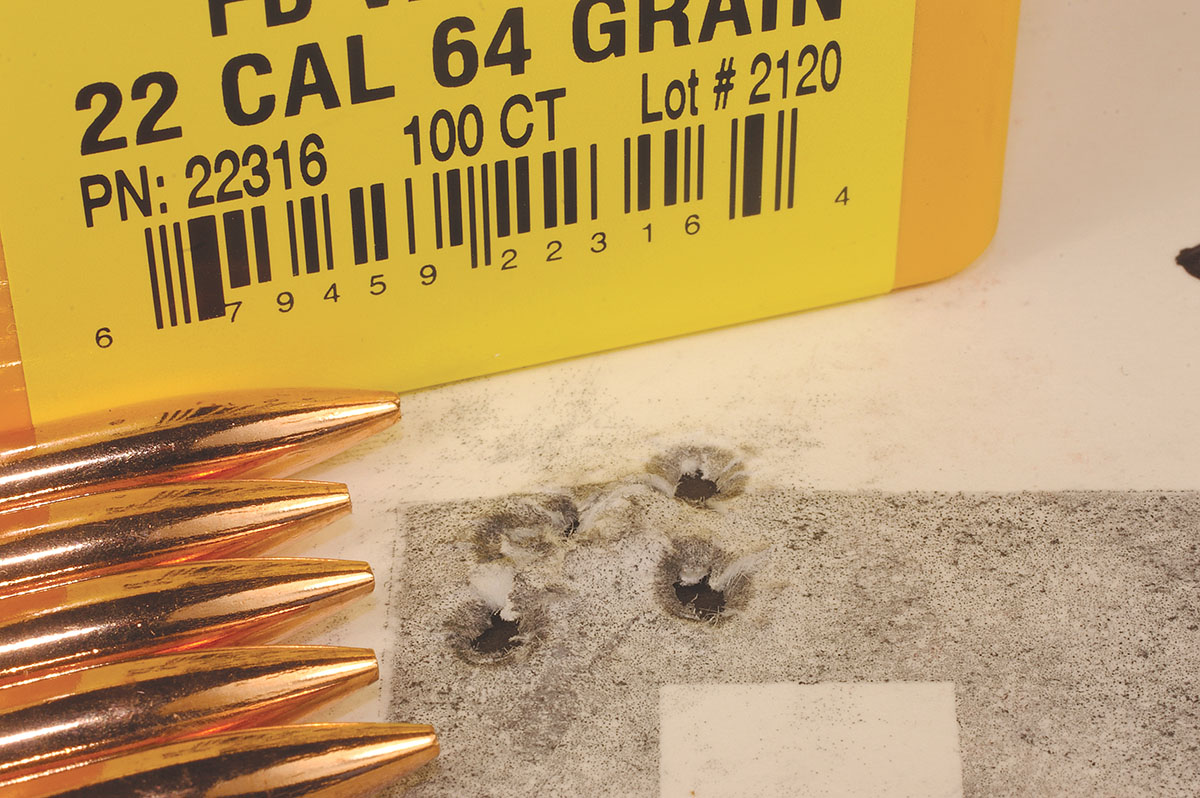 Fired from a Sisk Rifles 223 Remington at 100 yards, Berger 64-grain Varmint bullets paired with H-322 powder resulted in this group.